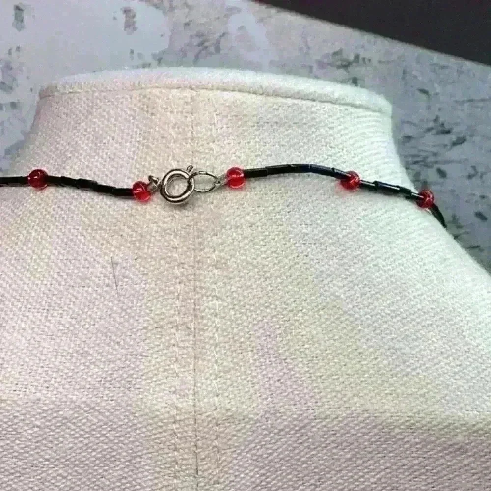 Vintage Red and Black Glass Wedding Cake Beaded Necklace